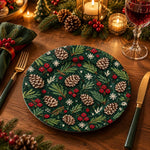 Christmas Decorative Charger Plate – Deep Green Pinecone Berry Field - MintiHome