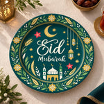 Green charger plate with gold trim featuring a mosque medallion, crescent and lanterns