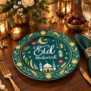 Green charger plate with gold trim featuring a mosque medallion, crescent and lanterns
