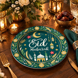 Green charger plate with gold trim featuring a mosque medallion, crescent and lanterns