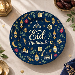 Navy charger plate with gold trim featuring Eid script, lanterns and star medallions