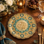 Ramadan Decorative Charger Plate – Gold Teal Calligraphy Medallion - MintiHome