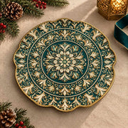 Christmas Decorative Charger Plate – Teal Ivory Mandala Medallion - MintiHome