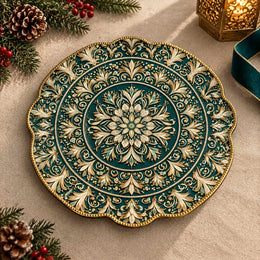 Christmas Decorative Charger Plate – Teal Ivory Mandala Medallion - MintiHome