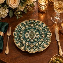 Christmas Decorative Charger Plate – Teal Ivory Mandala Medallion - MintiHome