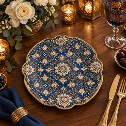 Christmas Decorative Charger Plate – Navy Gold Damask Allover - MintiHome