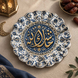 Ramadan Decorative Charger Plate – Blue Gold Calligraphy Medallion - MintiHome