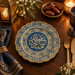Ramadan Decorative Charger Plate – Blue Medallion Calligraphy Leaves - MintiHome