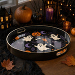 Cartoon Ghost Plastic Serving Tray – Black Cat Pumpkin plastic serving tray shown in a round product view.