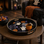 Cartoon Ghost Plastic Serving Tray – Black Cat Pumpkin plastic serving tray shown in a round styled scene.