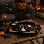 Cartoon Ghost Plastic Serving Tray – Black Cat Pumpkin plastic serving tray shown in a rectangular styled scene.