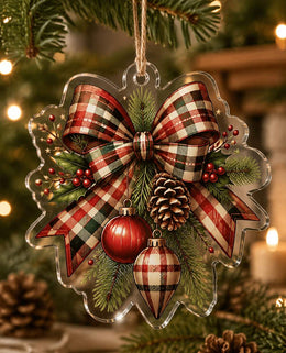 Christmas Plaid Bow Acrylic Hanging Wall Decor – Tartan Holiday Decor