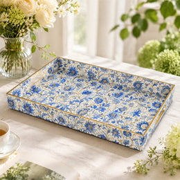 Cream Blue Paisley Plastic Serving Tray – Full Print Border full-print plastic serving tray shown in a product view.