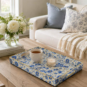 Cream Blue Paisley Plastic Serving Tray – Full Print Border full-print plastic serving tray shown in a styled room scene.