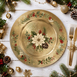 Red Poinsettia Christmas Charger Plate with Gold Botanical Rim - effect view 1