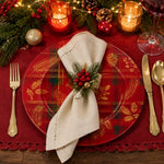 Red Plaid Christmas Charger Plate with Gold Botanical Overlay - scene view 1