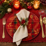 Red Plaid Christmas Charger Plate with Gold Botanical Overlay - scene view 1