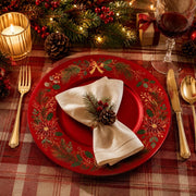Cream Poinsettia Wreath Christmas Charger Plate | Red Bow - scene view 1