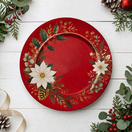 Red Gold Poinsettia Wreath Charger Plate | Luxe Christmas - effect view 1