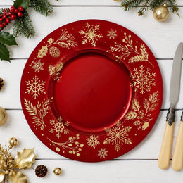 Red Gold Snowflake Botanical Charger Plate | Winter Splendor - effect view 1