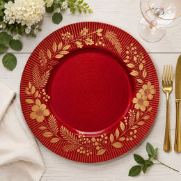 Red Gold Botanical Floral Charger Plate | Elegant Wreath Tableware - effect view 1