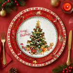 Red Christmas charger plate featuring a Christmas tree, reindeer, and Merry Christmas text with a festive border.