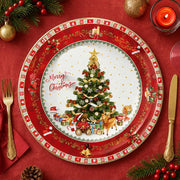 Red Christmas charger plate featuring a Christmas tree, reindeer, and Merry Christmas text with a festive border.