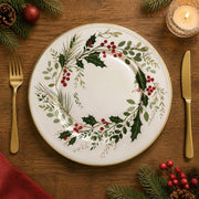 Christmas Holly Charger Plate – Cream Holiday Table Decor with Gold Rim - effect view 1