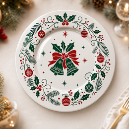 * Vintage botanical floral charger plate with a gold rim on an ivory background, top-down view.
