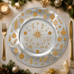 * Elegant silver Christmas charger plate with festive winter patterns on a clean background.