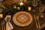 A rustic copper and cream floral charger plate set on a cozy wedding banquet table with elegant tableware._