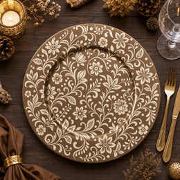 Cream Botanical Scrollwork Brown Charger Plate – Elegant Floral Under Plate - effect view 1