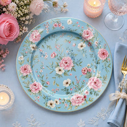 **Light Blue Floral Charger Plate – Pink Watercolor Peony & Rose Table Decor** (69 chars) - effect view 1