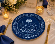 Navy Blue and Light Blue Floral Charger Plate – Elegant Lotus Table Decor - scene view 1