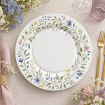 * White wedding charger plate featuring an elegant botanical floral pattern in a flat, top-down product view.