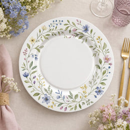 * White wedding charger plate featuring an elegant botanical floral pattern in a flat, top-down product view.
