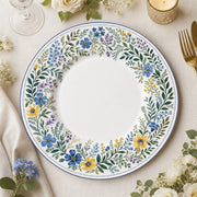 * Elegant white charger plate featuring a delicate watercolor wedding floral pattern and botanical design details.