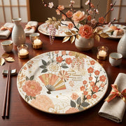 * Elegant dining table set with white beaded charger plates, white linen napkins, and polished silverware for a dinner party.