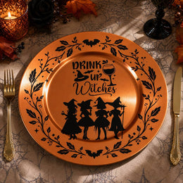 * Flat lay view of a modern orange plating charger plate with a sleek metallic finish.