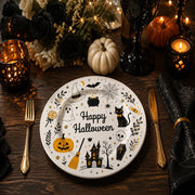 * White painting charger plates styled under dinner plates on a wooden table, creating a fresh, modern everyday dining setup.