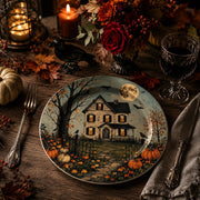 * Elegant white painting charger plate styled on a modern dining table beneath a ceramic dinner plate.
