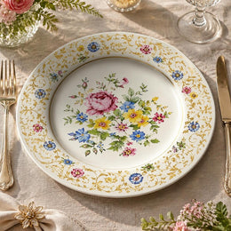 * Vintage floral charger plate featuring a pink rose bouquet, wildflowers, and an intricate gold scrollwork rim on cream.