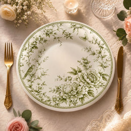 Vintage Botanical Floral Charger Plate – Sage Green & White Table Decor - MintiHome
