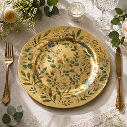 * Close-up of a gold charger plate featuring green eucalyptus leaves and blue watercolor wildflowers.