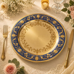 Royal Blue & Gold Charger Plate - Vintage Floral Wedding Under Plate - MintiHome