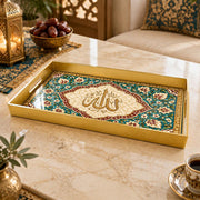 Ramadan Plastic Serving Tray – Teal Script Floral Band plastic serving tray shown in a rectangular product view.