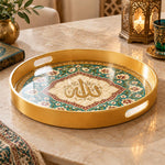 Ramadan Plastic Serving Tray – Teal Script Floral Band plastic serving tray shown in a round product view.