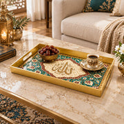 Ramadan Plastic Serving Tray – Teal Script Floral Band plastic serving tray shown in a rectangular styled scene.