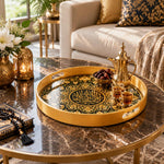 Ramadan Plastic Serving Tray – Black Script Green Floral plastic serving tray shown in a round styled scene.