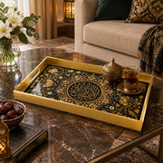 Ramadan Plastic Serving Tray – Black Script Green Floral plastic serving tray shown in a rectangular styled scene.